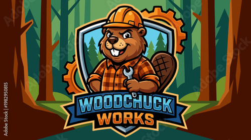 Woodchuck Mascot In Forest Construction Theme.