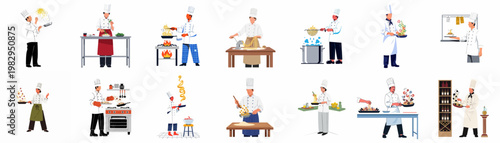 Collection of various professional chefs in white uniforms cooking, preparing, and plating diverse pasta dishes, featuring kitchen tools and techniques, flat vector style.