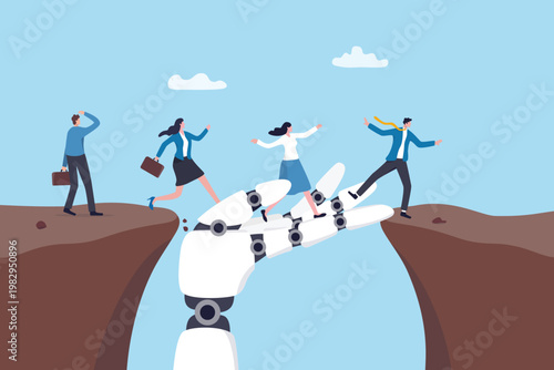 AI help close the skill gap to success, support employee with artificial intelligence to progress achieve business target, leadership guidance, business people walk on robot hand to progress the gap.