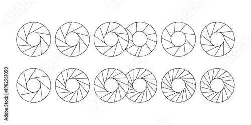 Camera aperture icon set showing multiple iris diaphragm positions for photography and optical lens.