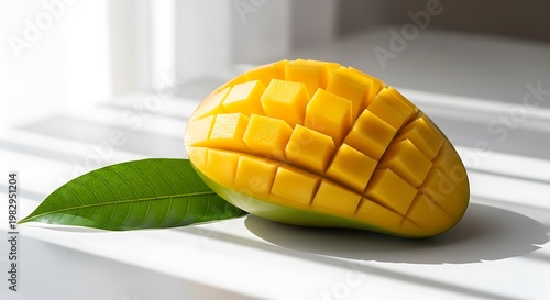 Mango half with leaf on open white space