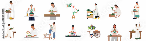 Flat vector illustration set of diverse women preparing healthy green salads and fresh organic vegetable dishes in various poses.