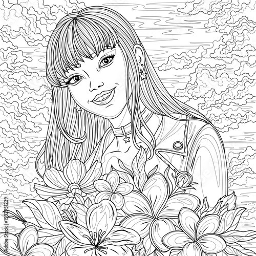 Asian girl with a bouquet of flowers.Coloring book antistress for children and adults. 
