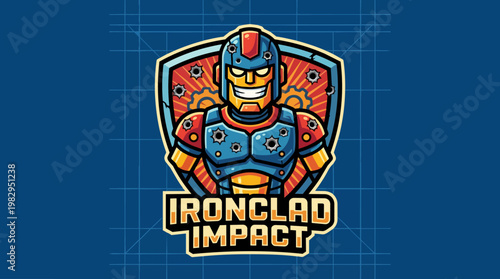 Ironclad Impact Logo Cartoon Hero Armor Emblem.