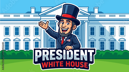Cartoon President In Front Of White House.