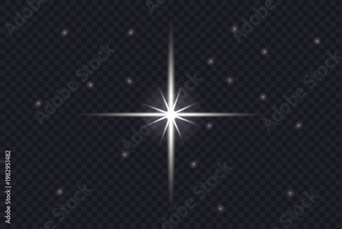 Luminous cross starburst with glowing ray beams on transparent grid, white twinkling star element for holiday design, elegant celestial light sparkle.