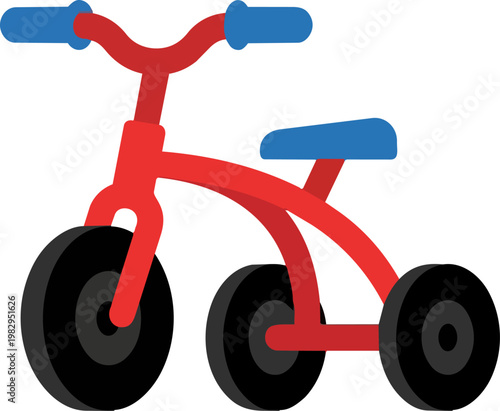 Tricycle with red frame blue handlebars and blue seat.
