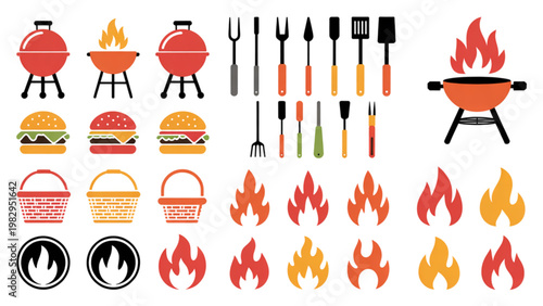Colorful collection of stylized fire and flame icons with various objects