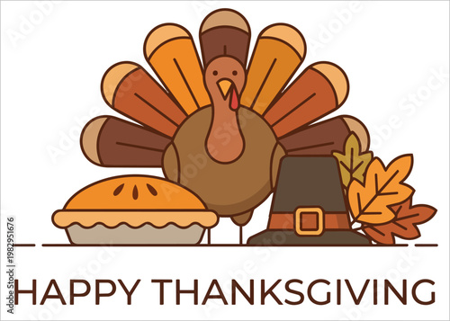 Thanksgiving Turkey Illustration with Pie and Leaves.