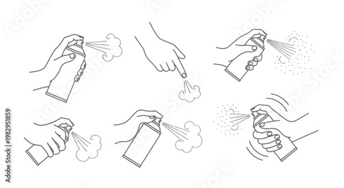Hand Holding Spray Can with Mist - Line Art Icon Set