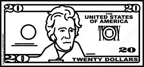 Twenty dollar banknote currency portrait on paper.