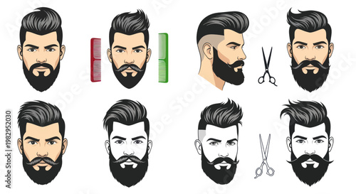 Stylish Bearded Men Hairstyles and Grooming Tools Vector Illustrations