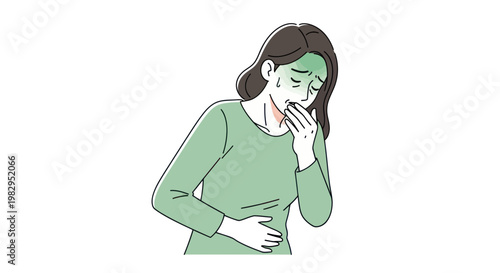 Woman feeling sick, nausea, stomach ache, unwell, covering mouth
