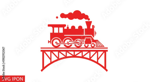 Vintage Red Steam Train Locomotive Crossing a Bridge with Smoke