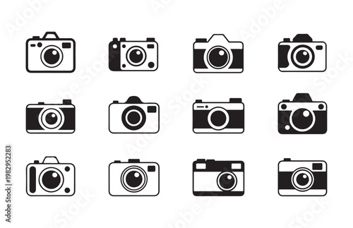 Set of twelve camera icons in silhouette representing different styles and models for photography and technology concepts.