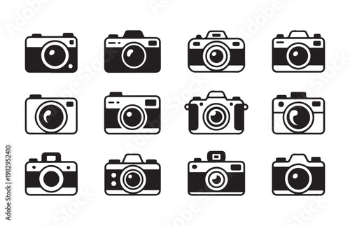 Collection of twelve camera icons in silhouette representing different styles and models for photography and technology concepts.