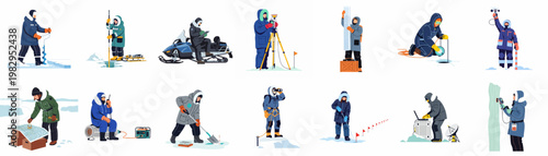 A collection of polar researchers and scientists conducting various experiments and measurements in the Arctic or Antarctic wilderness.