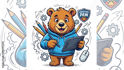 Bear Reading Book Mascot Illustration for Education.