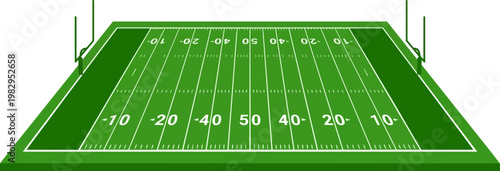 American football field in stadium with end zone lines.