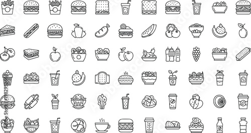 Fast food and beverage line icons set with burgers drinks desserts and snacks isolated on transparent background restaurant vector illustration collection