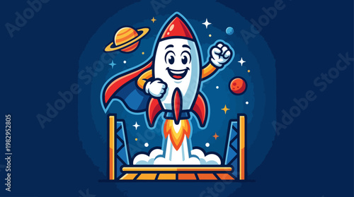 Cartoon Rocket Launch Adventure in Space.