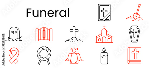 Funeral set icon. Outline pictograms, gravestone RIP, coffin, cross grave, church, casket, awareness ribbon, wreath, angel, candle, bible, shovel, prayer book.