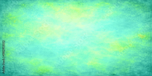 Vibrant abstract watercolor and grunge design features a colorful aged paper texture with a green and blue paint pattern on a vintage antique canvas backdrop