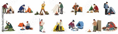 A collection of flat vector illustrations showing various people engaged in outdoor camping activities like building fires, chopping wood, and setting up tents.