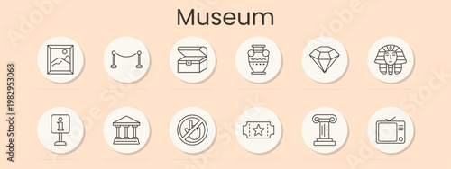 Museum set icon. Painting frame, barrier rope, treasure chest, antique vase, diamond, pharaoh mask, info stand, classical temple, no photo, ticket, column, television guide, exhibition, heritage