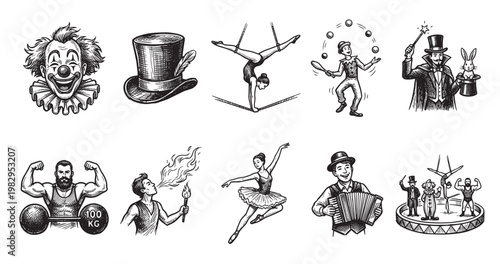 A monochrome sketch collage of vintage circus performers in action, featuring a clown, magician, acrobat, strongman, juggler, and dancer, for classic entertainment themes.