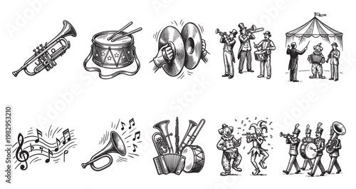 A collection of vintage black and white illustrations depicting circus musicians, instruments, and musical notes, evoking a nostalgic and lively atmosphere.