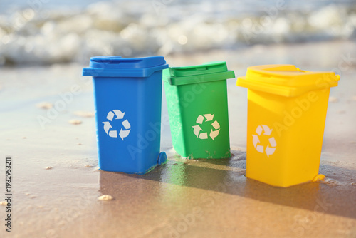 Small trash bins on shore, ...