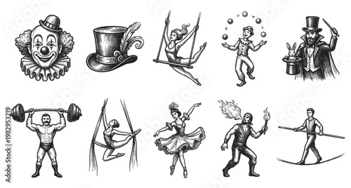 A vintage black and white illustration set featuring classic circus performers like a clown, magician, strongman, aerialist, juggler, and fire-breather, along with iconic symbols like a top hat.