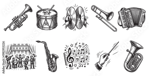 A collection of retro, black and white illustrations depicting various musical instruments, a band performing on stage, and musical notation, perfect for vintage or educational themes.
