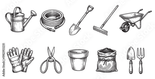 A vintage-style engraving collection of essential garden tools, including a watering can, hose, shovel, rake, wheelbarrow, gloves, scissors, pot, and soil bag.