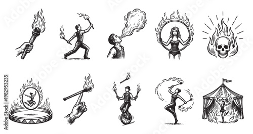 A hand-drawn illustration set showcasing vintage circus fire acts, including performers juggling torches, breathing fire, and a daring leap through a flaming hoop, set against a white background.