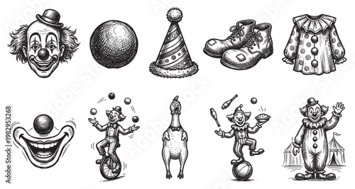 A vintage-style black and white illustration of various circus elements, including clowns performing acts and iconic props, perfect for creative projects.