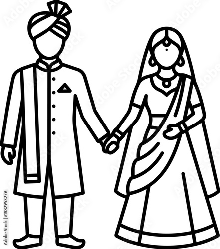 Traditional wedding couple holding hands in attire.