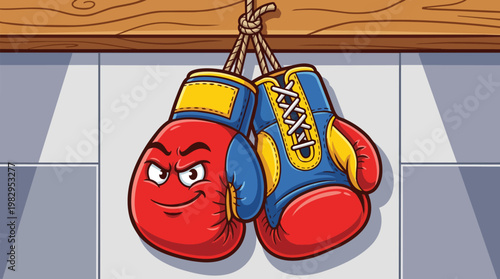 Cartoon Boxing Gloves Hanging On Rope.