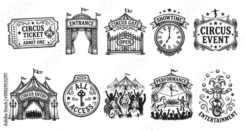 A collection of hand-drawn black and white icons representing classic circus elements, including a ticket, entrance gates, clock, and performers, evoking nostalgia and excitement.