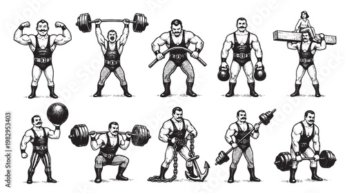 A collection of retro illustration style strongmen demonstrating various feats of strength with barbells, kettlebells, and an anchor on a white background.