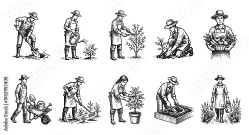 A series of vintage woodcut illustrations depict farmers and gardeners engaged in various agricultural tasks including digging, watering, pruning, planting, and harvesting with a basket of produce.