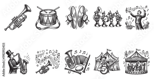 A collection of vintage-style black and white illustrations features musical instruments, marching bands, a conductor, a saxophone player, a circus performer, and a carousel band, all evoking.