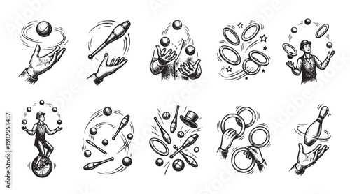 A set of vintage style line art illustrations depicting various juggling acts, including hands tossing balls, clubs, rings, and a unicyclist performer, perfect for circus or performance themes.