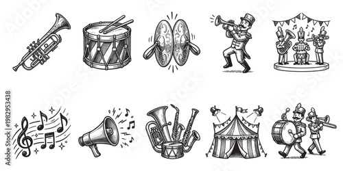 A collection of vintage black and white illustrations depicting circus musicians playing various instruments like trumpets, drums, tubas, and saxophones, with musical notes and a circus tent.