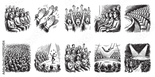 A collection of hand-drawn illustrations depicting various audience reactions and performance scenes, including clapping, cheering, and applause, suitable for event and entertainment concepts.