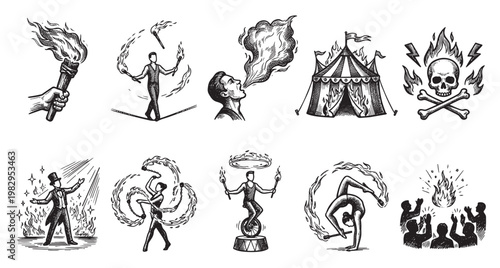 A vintage-style illustration featuring various circus performers engaged in fire acts like juggling and acrobatics, alongside symbolic elements like a skull and circus tent.