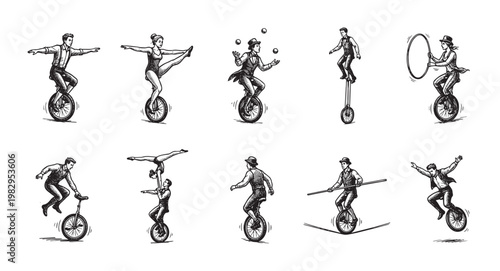 A collection of hand-drawn illustrations depicting circus performers engaged in various acts, including juggling, unicycling, and tightrope walking, presented in a vintage style.