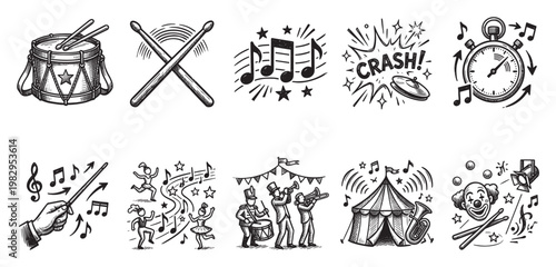 A collection of hand-drawn black and white illustrations depicts circus musical instruments, performers, and related symbols for a festive, retro vibe.