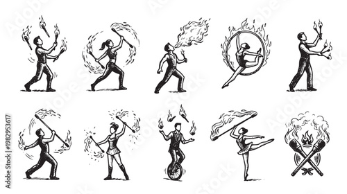 A collection of hand-drawn illustrations depicts various circus performers skillfully juggling flaming torches and performing stunts with fire.
